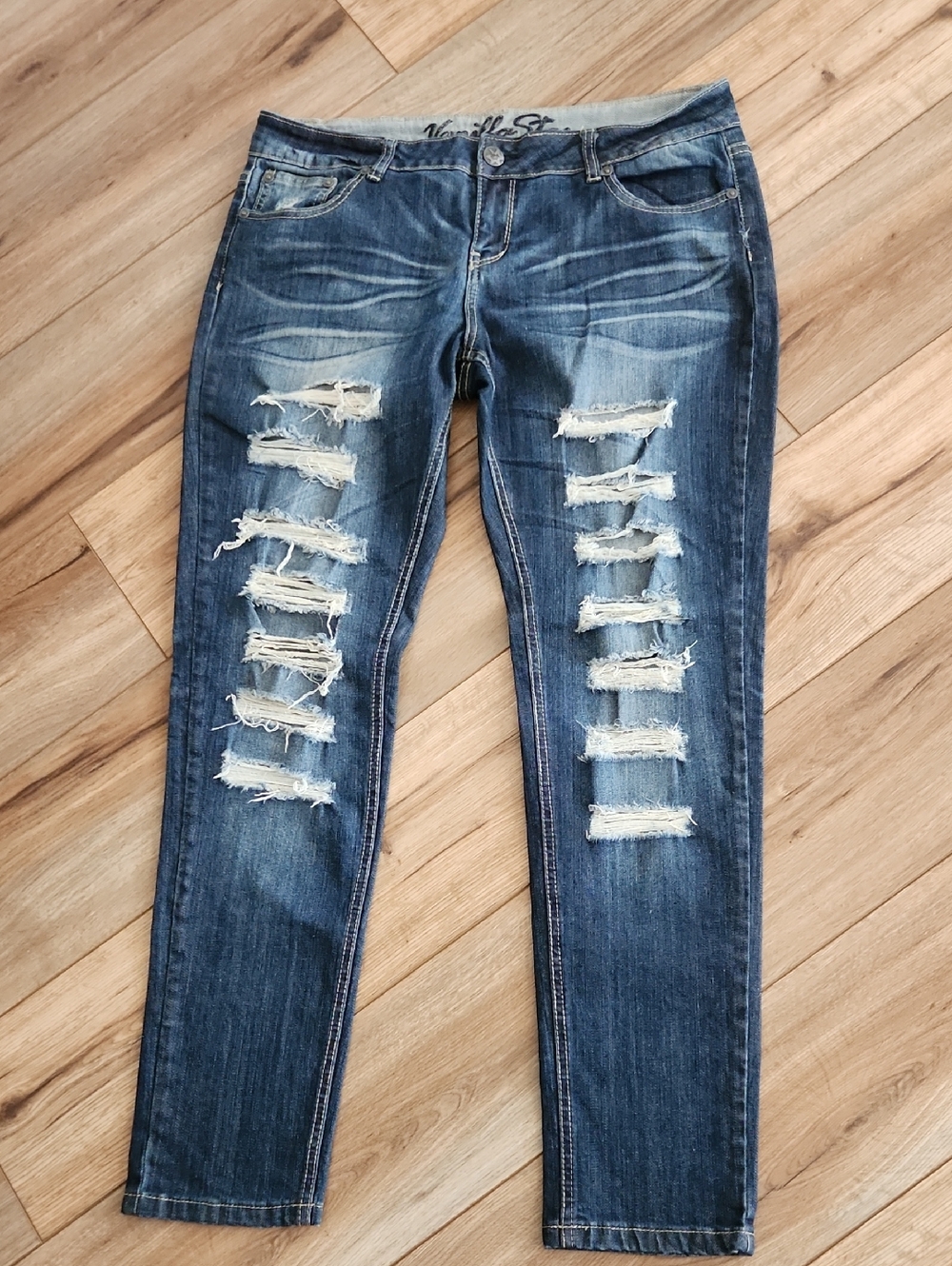 Vanilla Star Ripped Whiskered Distressed Jeans Women's Dark Blue Size 15 36x30